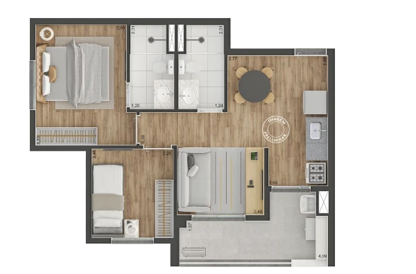 Planta de 49 metros quadrados 2 dormitórios