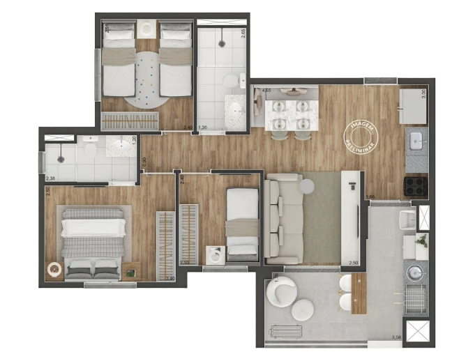 Planta de 66 metros quadrados 3 dormitórios